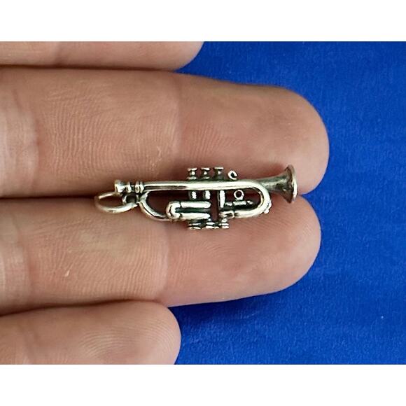Sterling Silver 3D Trumpet Charm, Silver 3D Trumpet Pendant - Picture 2 of 5